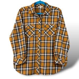 Hester & Orchard Flannel Shirt Womens Sz L Gold/Navy Plaid Long Sleeve Button-Up